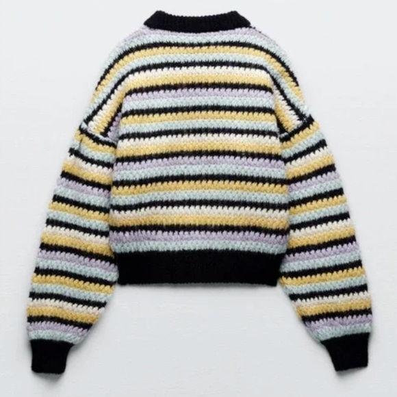 L ๐ ZARA Striped Knit Sweater Round Neck Multicolored Yellow Navy Purple - Picture 15 of 15